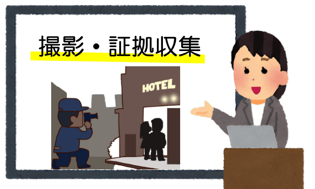 探偵がラブホテルの出入りを撮影している風景を紹介している女性のイラスト