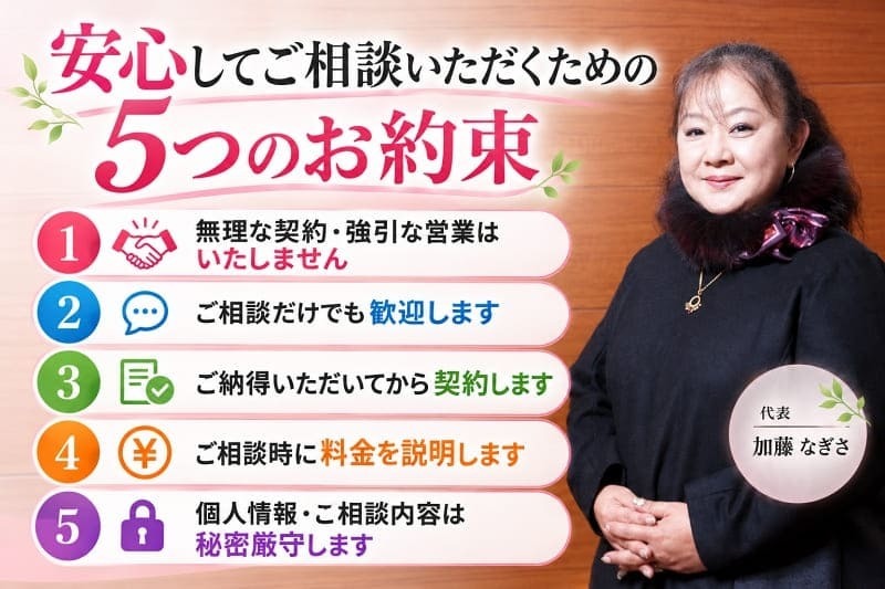 強引な営業なし・秘密厳守・納得契約など安心して相談できる体制を示す画像。名古屋浮気調査相談室が、名古屋で浮気調査を行う探偵事務所として、加藤なぎさ代表の顔が見える信頼性と相談しやすい環境を提供していることを表現。