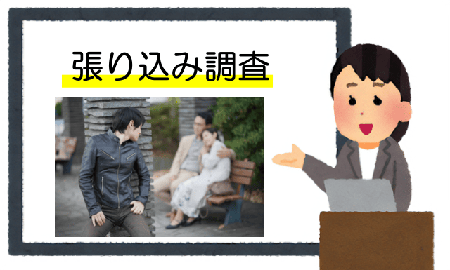 探偵の張り込み風景を説明している女性のイラスト