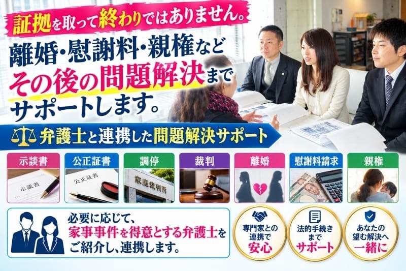 離婚・慰謝料・親権など調査後の問題解決を弁護士と連携して支援する体制を示す画像。名古屋浮気調査相談室が、名古屋で浮気調査を行う探偵事務所として、法的手続きまで相談できる安心のアフターサポートを提供していることを表現。